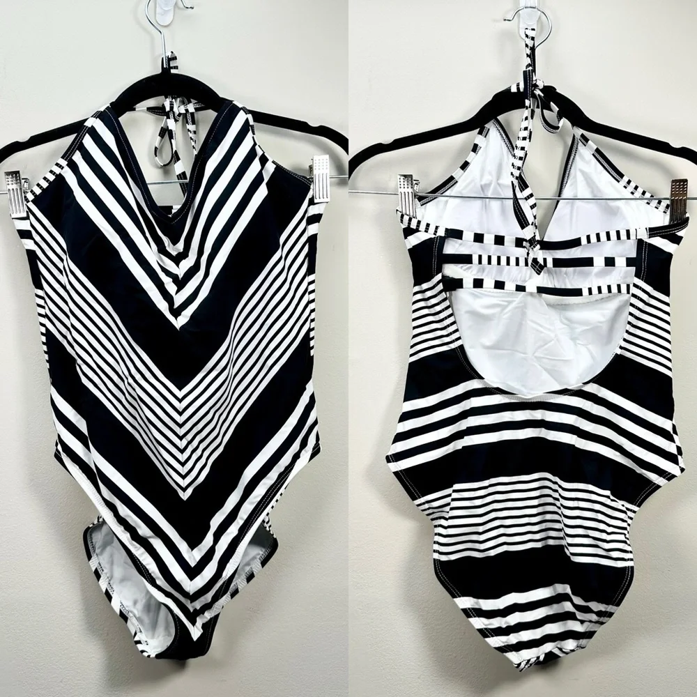 La Blanca Fine Line Halter, Black and White Chevron One-Piece Swimsuit, 10